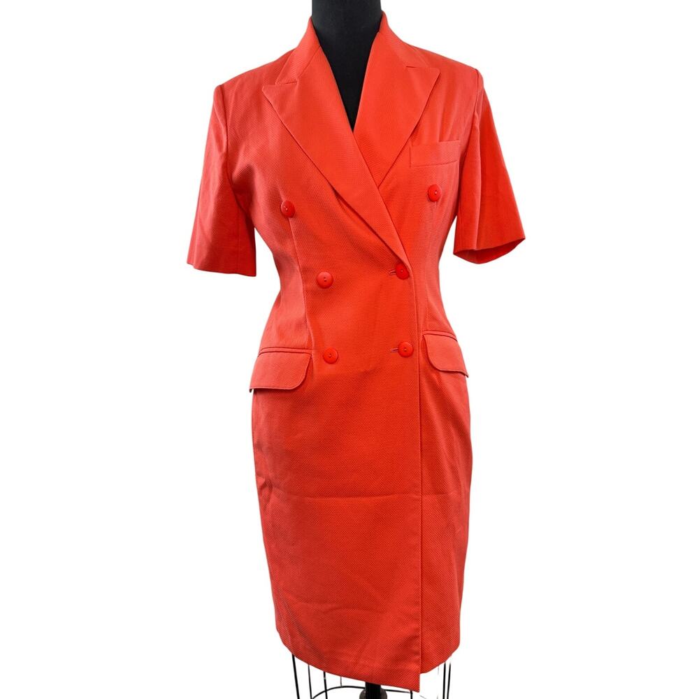 VINTAGE Rodier Coral Orange Blazer Dress Peak Lapel Double Breasted 38 FRANCE